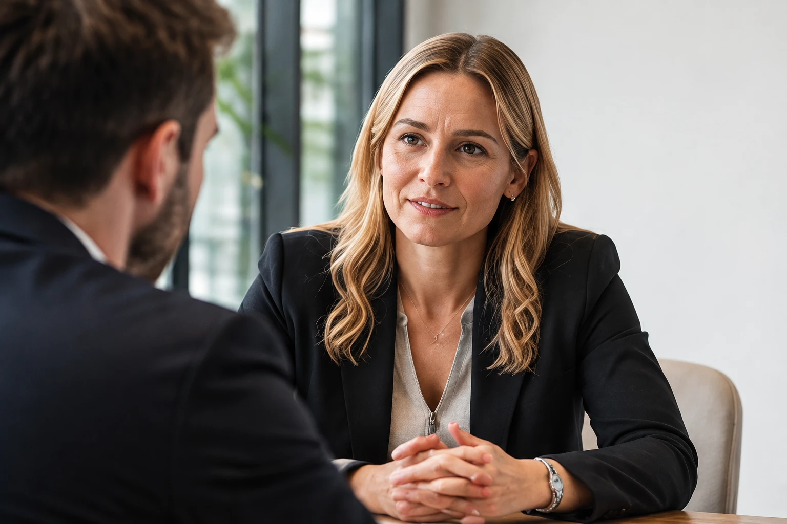 Cliënt en jurist in gesprek aan tafel